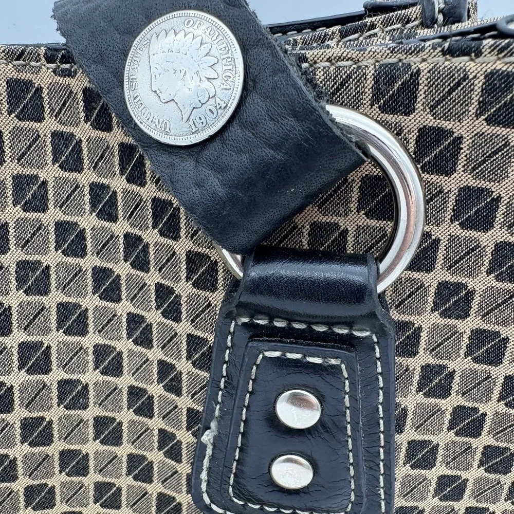Nine & Co Satchel with Brown/Tan Checkered Pattern and Brown Leather Trim/Handle - Picture 2 of 16